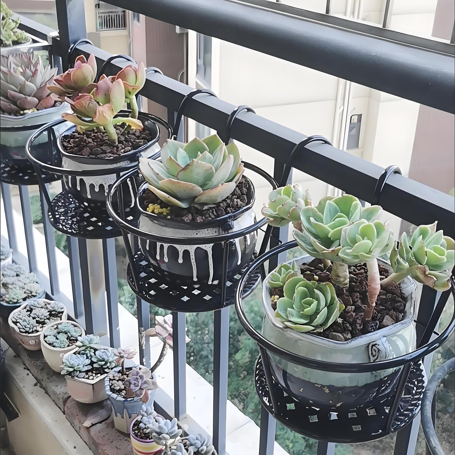 Spider Plant Hanging - 錬鉄製バルコニーハンギングフラワーバスケット/プラントスタンド - ポトス、スパイダープラント、多肉植物用の手すり/窓枠収納ハンガー
