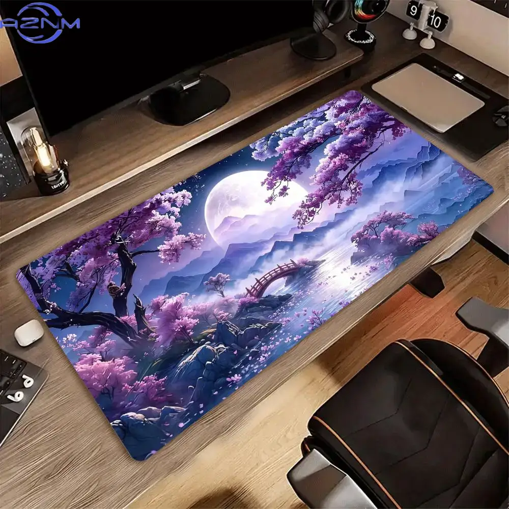 紫色の桜が咲き誇る月明かりの湖をモチーフにした大型マウスパッ - Tradescantia Purple のレビューと価格