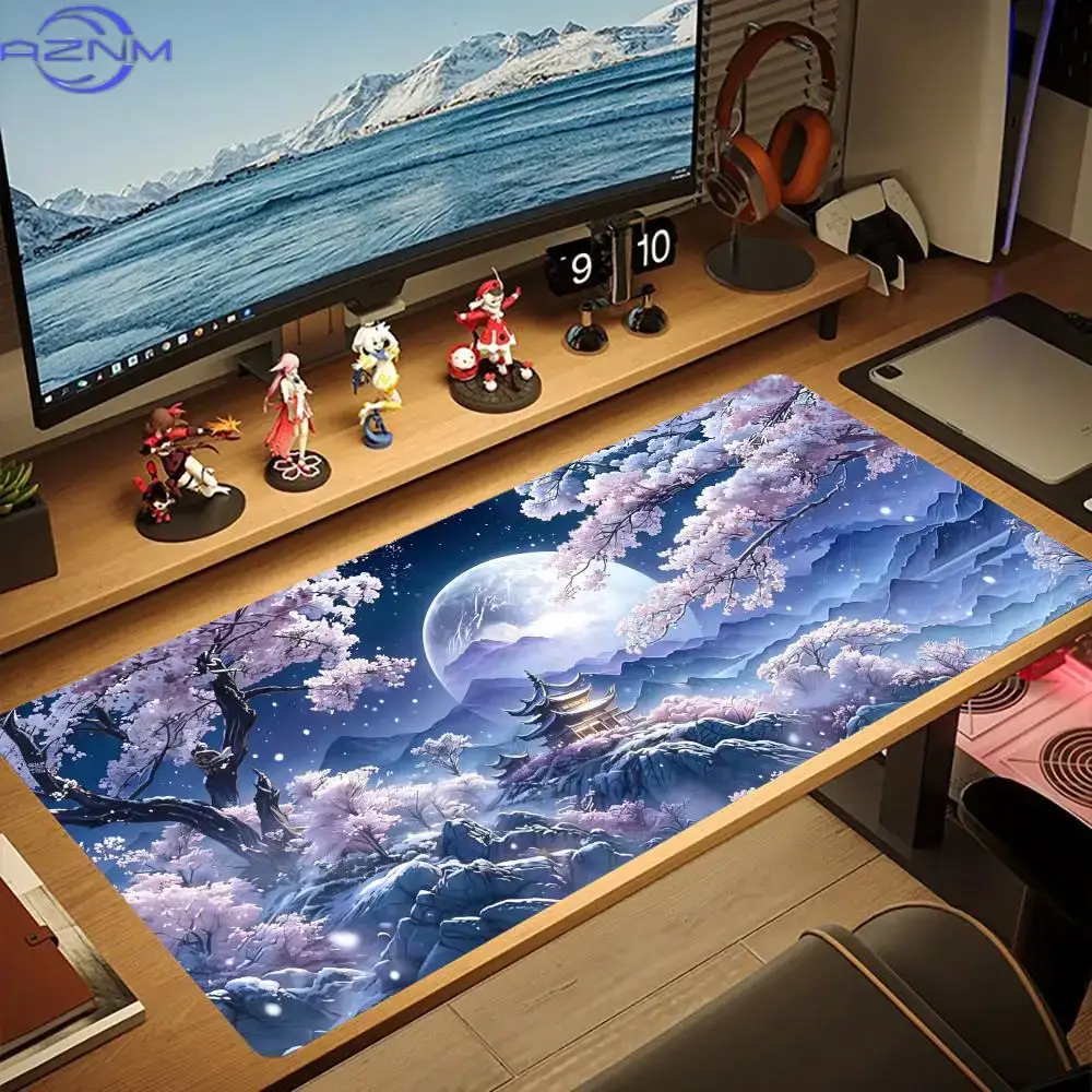 紫色の桜が咲き誇る月明かりの湖をモチーフにした大型マウスパッ - Tradescantia Purple のレビューと価格